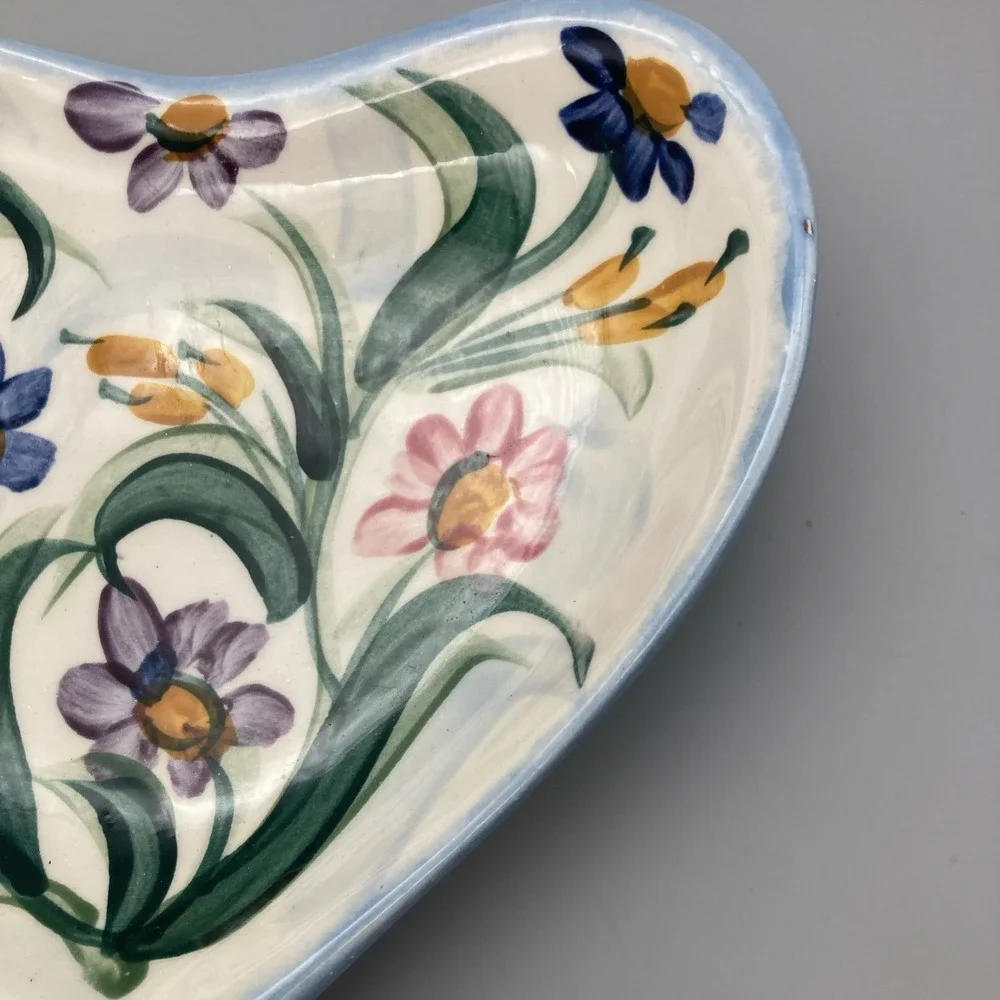 Heart Shaped Maypop Ceramic Dish Pottery by Gail Pittman 2000 Signed Floral